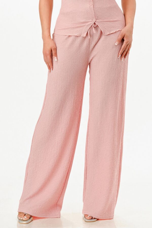 Bubble Crepe Textured Polo Top & Pants Set – Pink