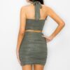 Glitter Tie Halter Top & Ruched Mini Skirt Set – Olive