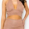 Glitter Tie Halter Top & Ruched Mini Skirt – Nude
