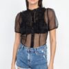 Sheer Mesh Dot Top with Ruffle Trim – Black