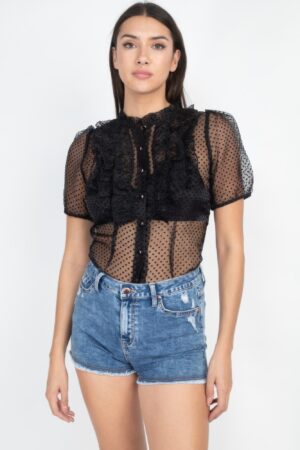 Sheer Mesh Dot Top with Ruffle Trim – Black
