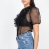 Sheer Mesh Dot Top with Ruffle Trim – Black