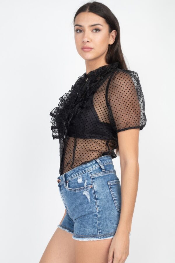 Sheer Mesh Dot Top with Ruffle Trim – Black
