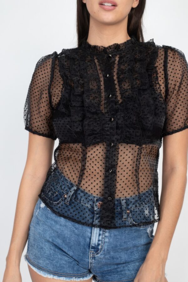 Sheer Mesh Dot Top with Ruffle Trim – Black