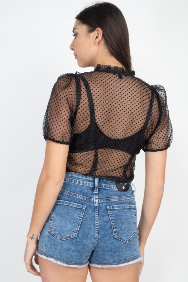 Sheer Mesh Dot Top with Ruffle Trim – Black