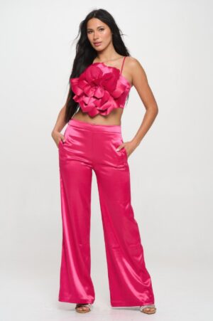 Crop Top & Pant Set – Flower Front in Magenta