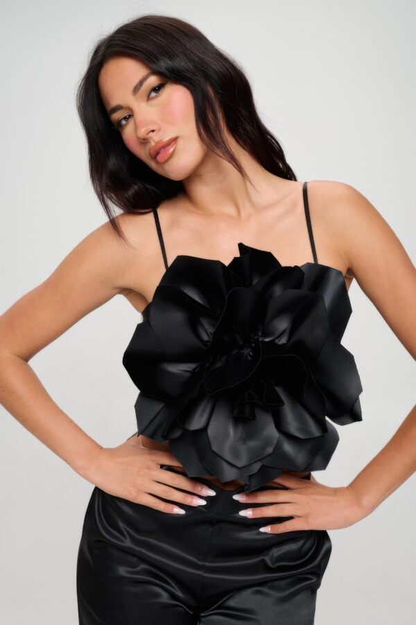 Crop Top & Wide-Leg Pant Set – Flower Front (Black)