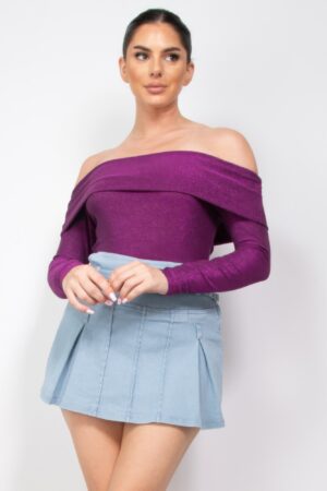 Off-Shoulder Glitter Long-Sleeve Bodysuit – Raspberry