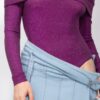Off-Shoulder Glitter Long-Sleeve Bodysuit – Raspberry