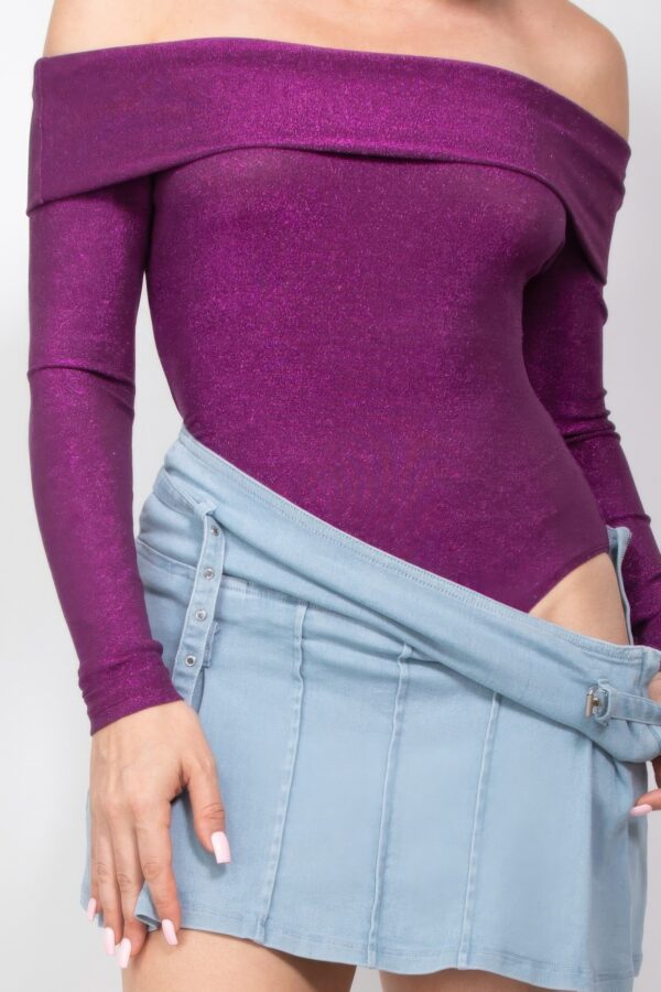 Off-Shoulder Glitter Long-Sleeve Bodysuit – Raspberry