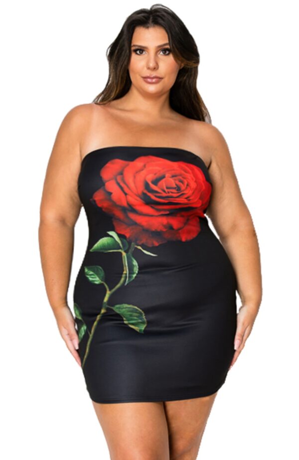 Plus-Size Tube Bodycon Mini Dress with Front Floral Print – Black