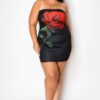 Plus-Size Tube Bodycon Mini Dress with Front Floral Print – Black