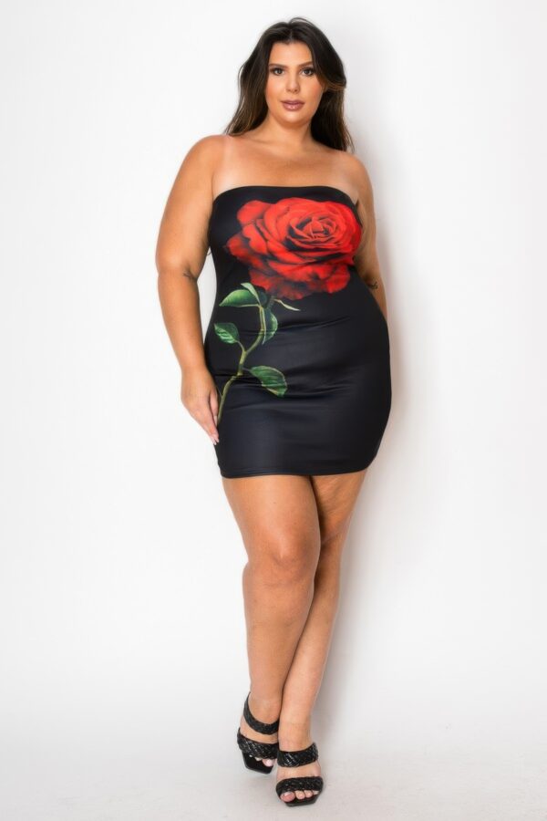 Plus-Size Tube Bodycon Mini Dress with Front Floral Print – Black