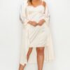 Plus Size Satin Strap Dress & Self-Belt Coat Set – Cream