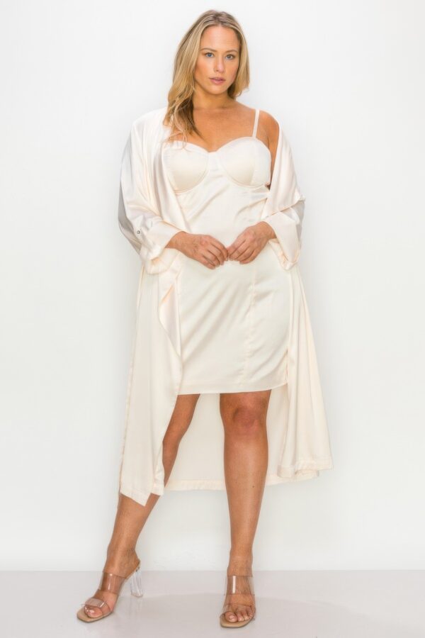Plus Size Satin Strap Dress & Self-Belt Coat Set – Cream