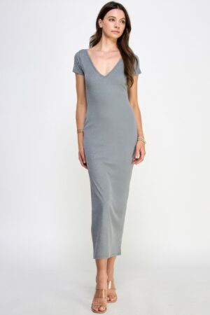 Double V-Neck Ribbed Maxi Dress – Light Heather Charcoal