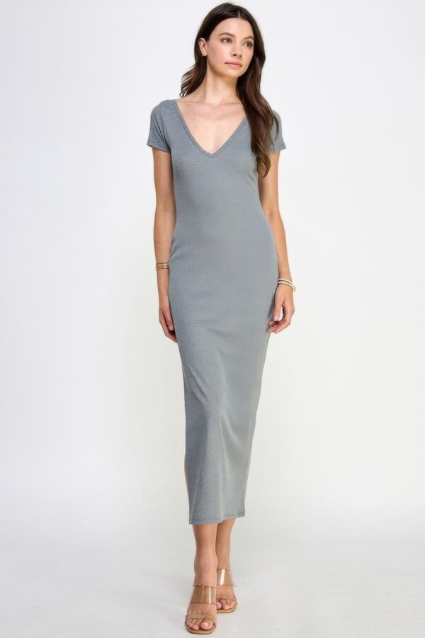 Double V-Neck Ribbed Maxi Dress – Light Heather Charcoal