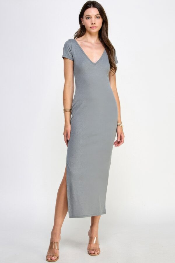 Double V-Neck Ribbed Maxi Dress – Light Heather Charcoal