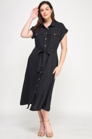 Plus-Size Front-Tie Buttoned Dress – Short Sleeve Black