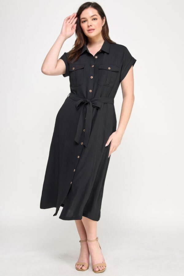 Plus-Size Front-Tie Buttoned Dress – Short Sleeve Black