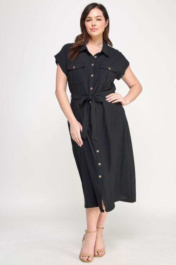 Plus-Size Front-Tie Buttoned Dress – Short Sleeve Black