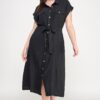 Plus-Size Front-Tie Buttoned Dress – Short Sleeve Black