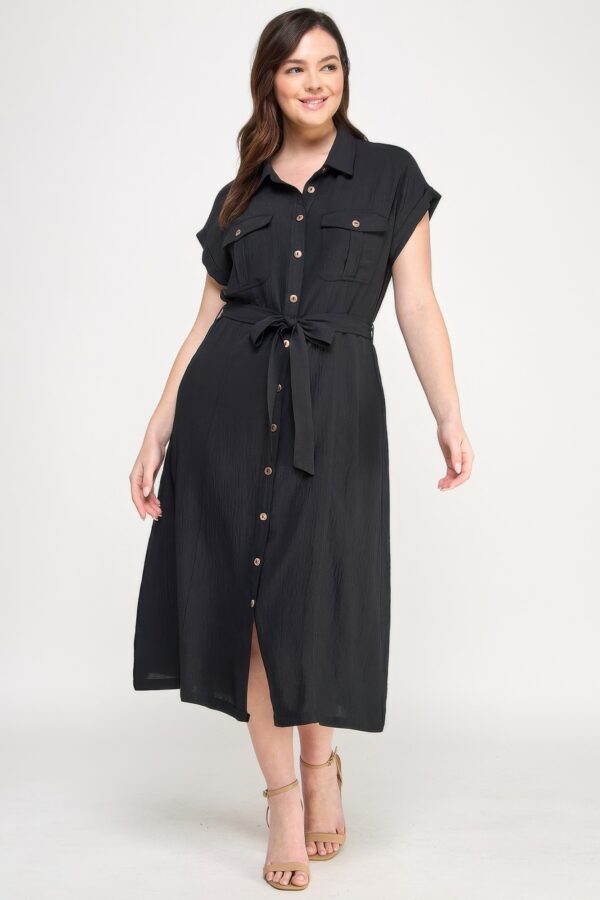 Plus-Size Front-Tie Buttoned Dress – Short Sleeve Black