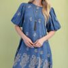 Paisley Embroidered Mini Dress with Puff Sleeves