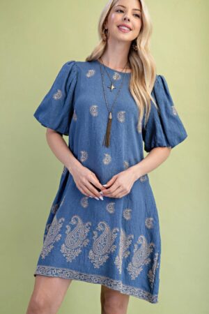 Paisley Embroidered Mini Dress with Puff Sleeves