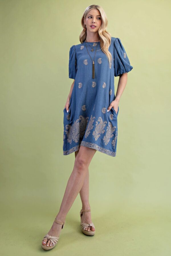 Paisley Embroidered Mini Dress with Puff Sleeves