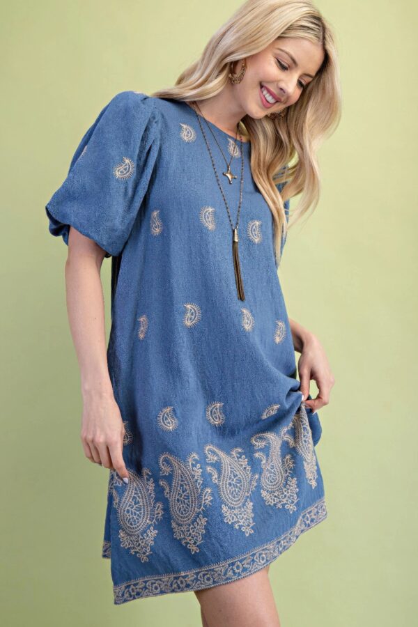 Paisley Embroidered Mini Dress with Puff Sleeves