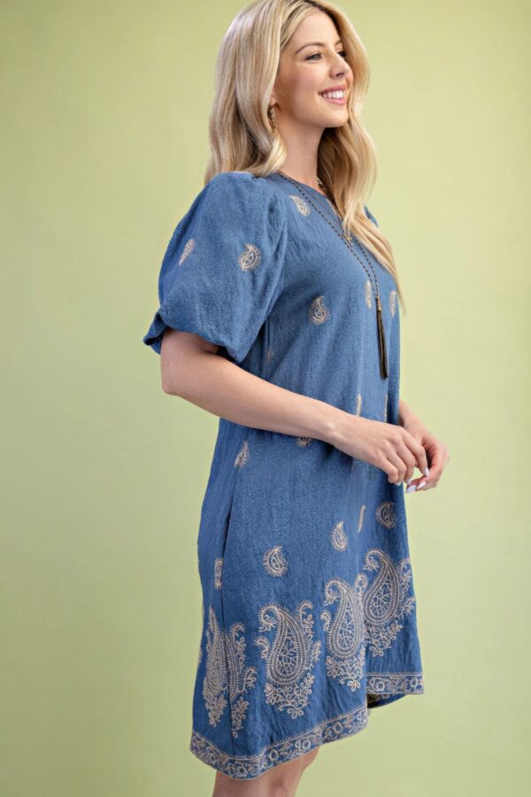 Paisley Embroidered Mini Dress with Puff Sleeves