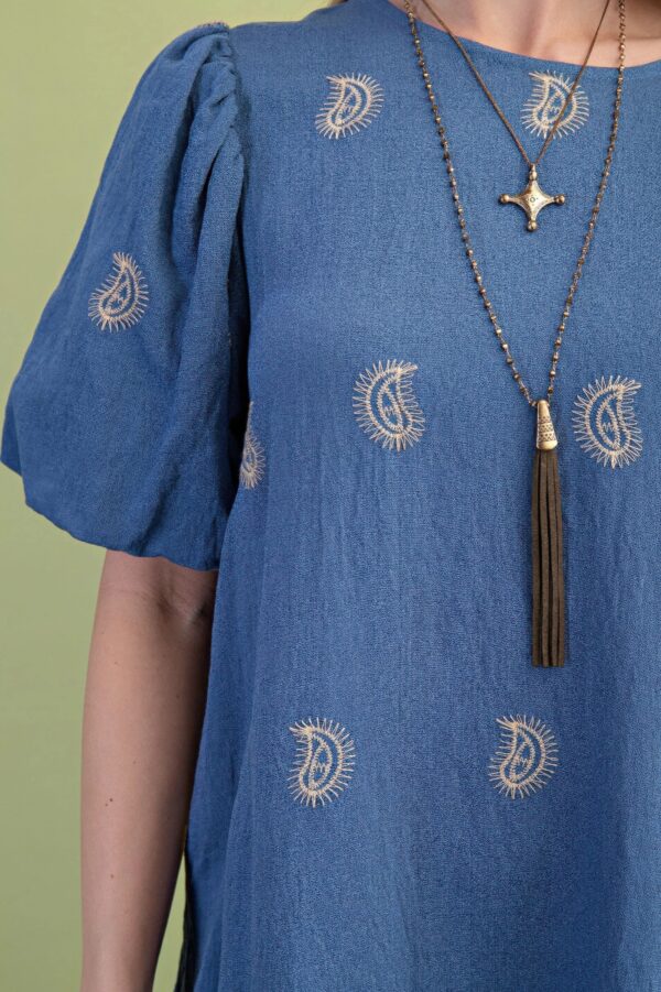 Paisley Embroidered Mini Dress with Puff Sleeves