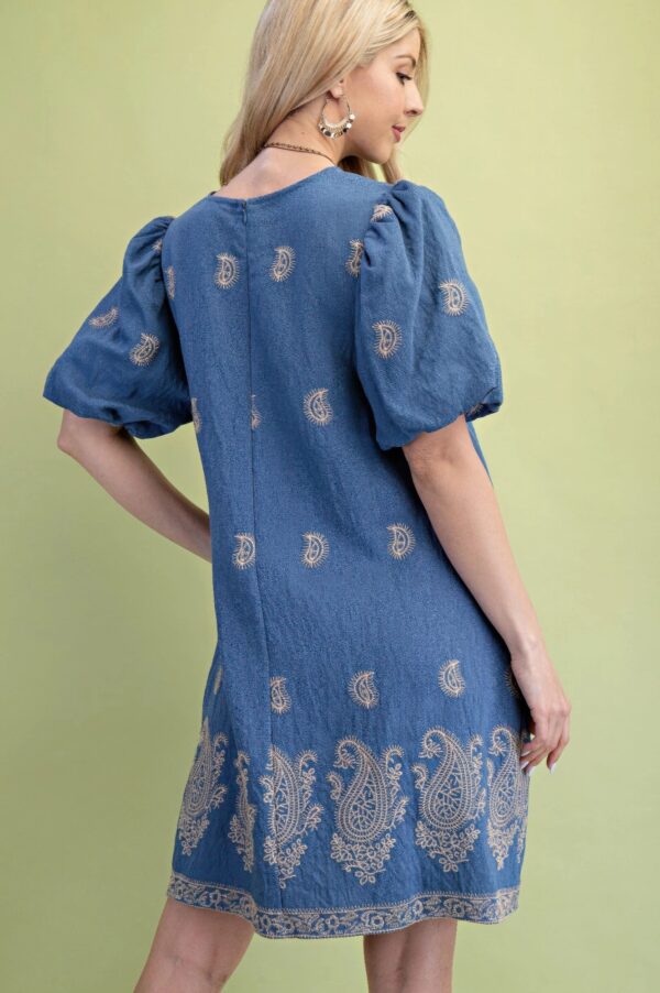 Paisley Embroidered Mini Dress with Puff Sleeves