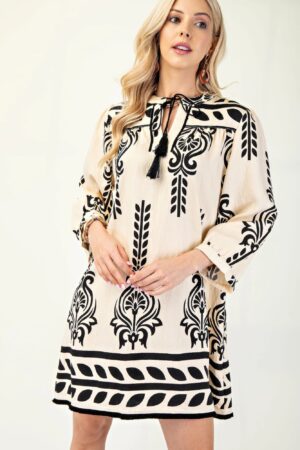 Boho Printed 3/4 Sleeve Dress with Tassel Tie