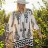 Boho Printed 3/4 Sleeve Dress with Tassel Tie