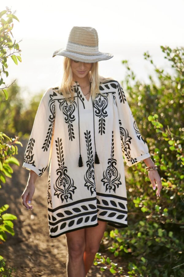 Boho Printed 3/4 Sleeve Dress with Tassel Tie