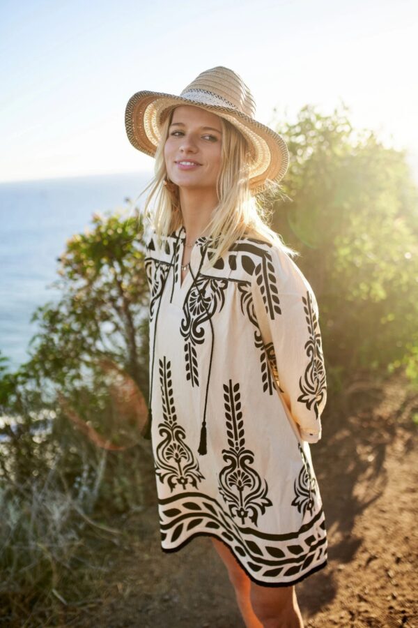 Boho Printed 3/4 Sleeve Dress with Tassel Tie