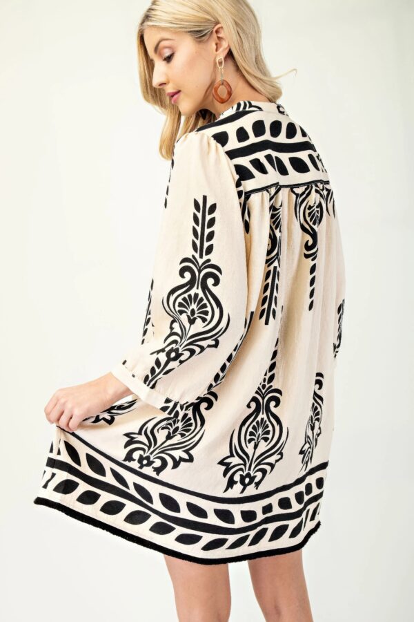 Boho Printed 3/4 Sleeve Dress with Tassel Tie
