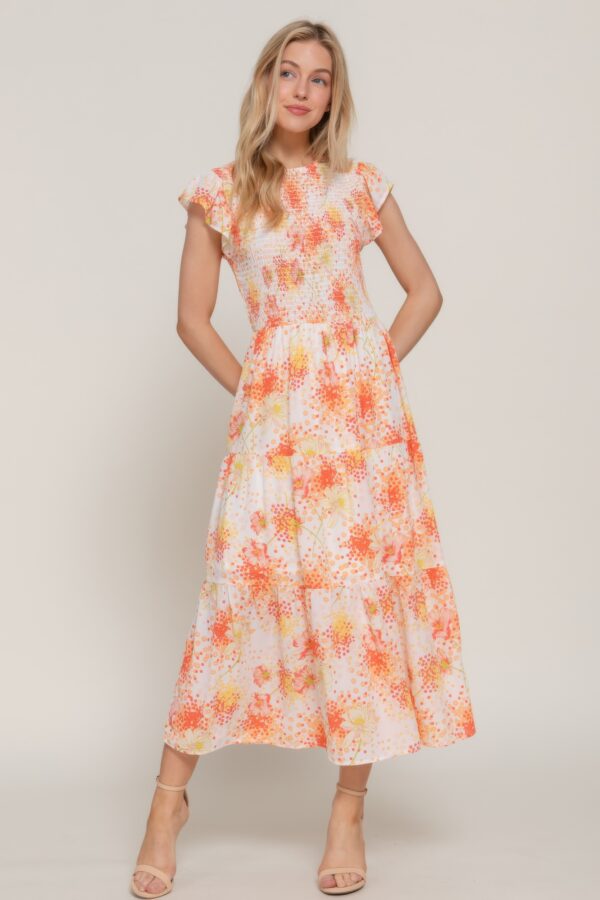 Ruffle-Sleeve Smocked Tiered Floral Dress