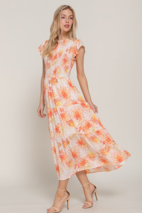 Ruffle-Sleeve Smocked Tiered Floral Dress
