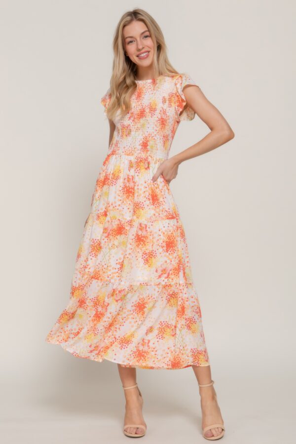 Ruffle-Sleeve Smocked Tiered Floral Dress