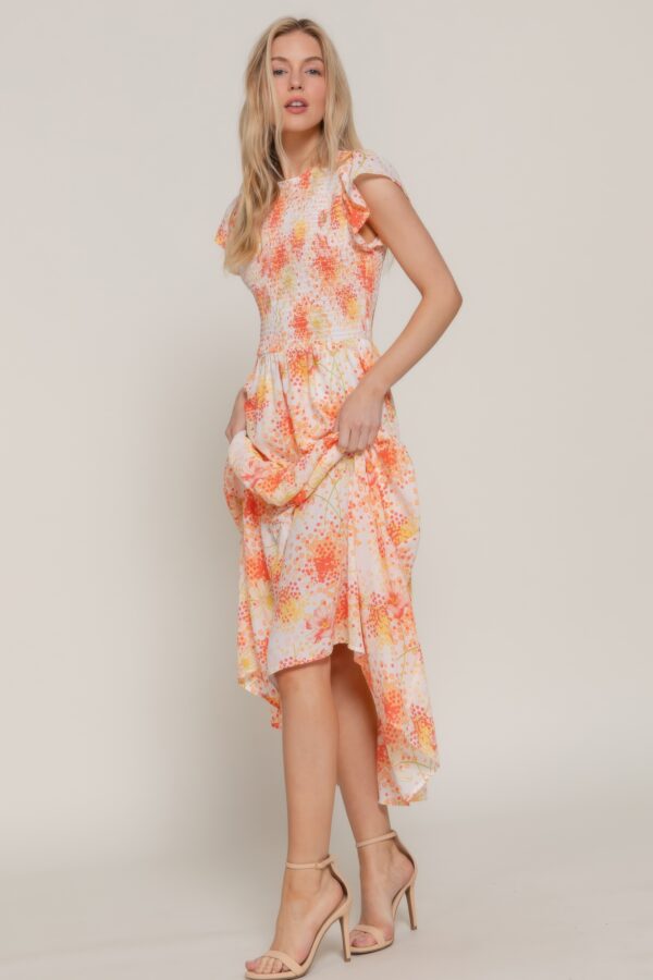 Ruffle-Sleeve Smocked Tiered Floral Dress