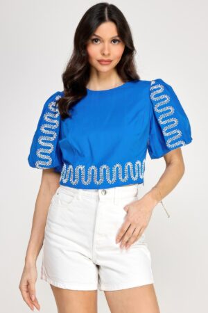 Cotton Puff Bubble-Sleeve Top with Embroidery