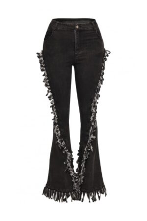 High-Waist Distressed Fringe Denim Flared Pant – Plus Size