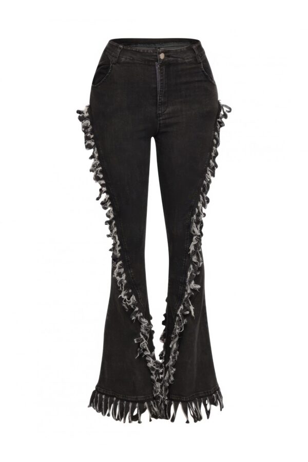 High-Waist Distressed Fringe Denim Flared Pant – Plus Size