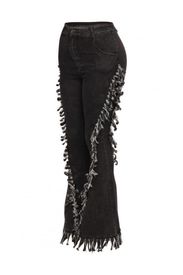 High-Waist Distressed Fringe Denim Flared Pant – Plus Size