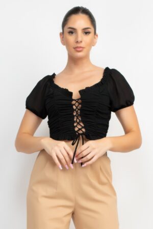 Ruffled Lace-Up Crop Top with Shirred Back