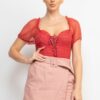 Shirred Mesh-Sleeve Bodysuit with Lace-Up Front
