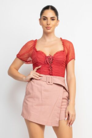 Shirred Mesh-Sleeve Bodysuit with Lace-Up Front